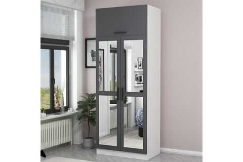 KALE 2 KAPAKLI 2 AYNALI DOLAP VE YÜKLÜK BEYAZ ANTRASİT 235CM