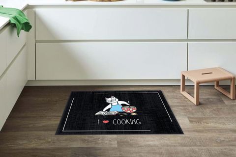 KARNAVAL KEDİ DESENLİ İ LOVE COOKİNG SLOGANLI MODERN DEKORATİF MUTFAK HALISI, SİYAH, 75X200