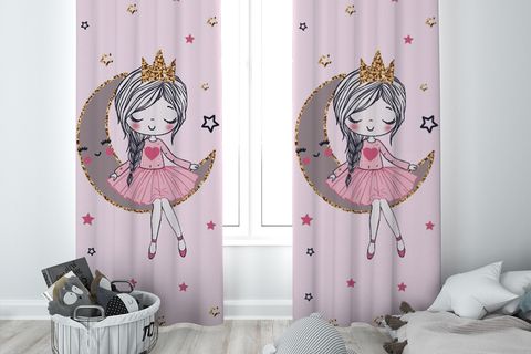 AYDA OTURAN KIZ DESENLİ ÇOCUK ODASI ÇİFT KANAT PERDE 65X260