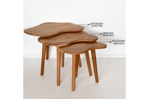 ZİGON BULUT SEHPA SETİ MASİF DOĞAL AHŞAP, ÜÇLÜ