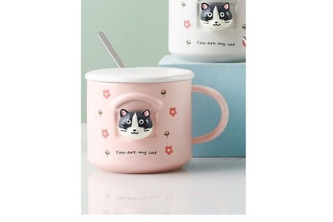 LİVAVA KAŞIKLI KEDİ SERAMİK KUPA, PEMBE, 9X12