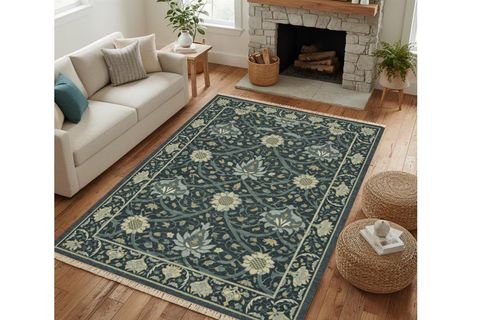 VİNTAGE LACİVERT ÇİÇEKLER DOKUMA TABAN HALI, 565 YNG 80X150 CM