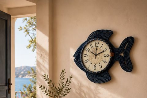 DENİZ TEMALI BALIK DUVAR SAATİ, LACİVERT, 50 CM