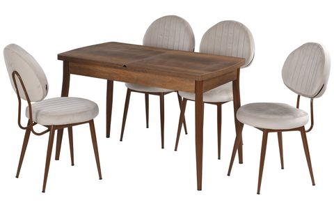 KELEBEK MASA VE BEAD SANDALYE TAKIMI, CEVİZ, KREM, 130X80
