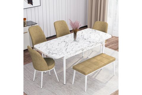 ROVENA LEONA AÇILABİLİR MUTFAK MASASI TAKIMI, BEYAZ MERMER DESEN, CAPPUCİNO, 132X80