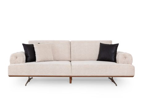 Kapitoneli Üçlü Koltuk, Krem, Metal Ayak