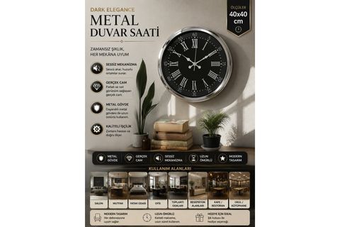 DARK ELEGANCE METAL KROM DUVAR SAATİ 40 CM