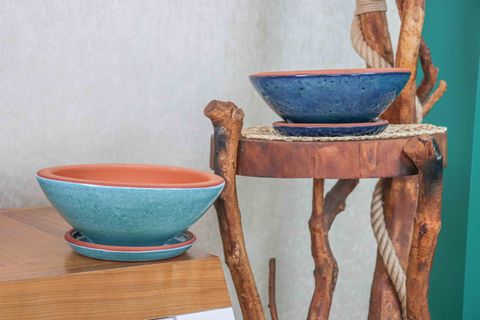 TABAKLI ÇİFT SIRLI TOPRAK TERRAKOTA SAKSI, TURKUAZ OKYANUS MAVİSİ