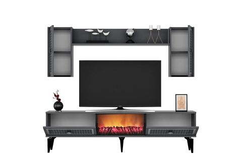 FLAME ŞÖMİNELİ TV ÜNİTESİ TAKIMI, ANTRASİT GÜMÜŞ