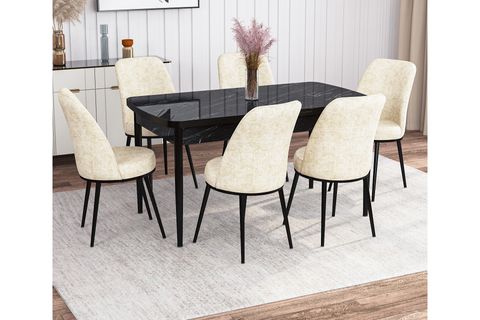 ROVENA LEONA AÇILABİLİR MUTFAK MASASI TAKIMI, SİYAH MERMER DESEN, KREM, 132X80
