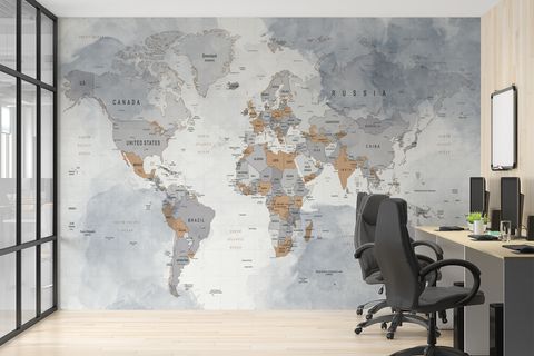 İNGİLİZCE DÜNYA HARİTASI DUVAR KAĞIDI, GRİ, 200X200