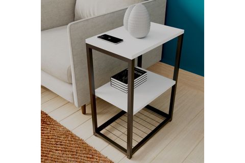 LİNA METAL AYAKLI AHŞAP RAFLI YAN SEHPA, BEYAZ