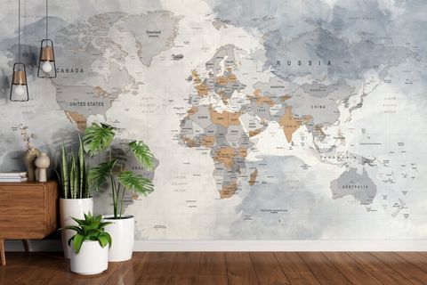 İNGİLİZCE DÜNYA HARİTASI DUVAR KAĞIDI, GRİ, 200X200