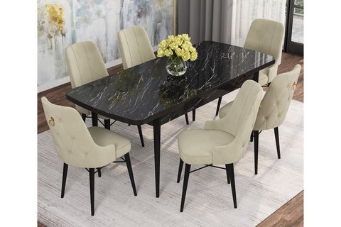 ROVENA MONA AÇILABİLİR MUTFAK MASASI TAKIMI, SİYAH MERMER DESEN, KREM, 132X80