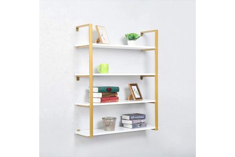 TASNİA GOLD METAL AHŞAP DUVAR RAFI 90 CM 4 KATLI