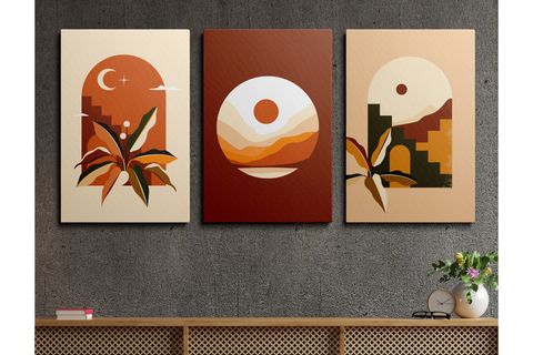 HOMEPACK  SOYUT KAHVERENGİ VE TURUNCU YAPRAK ABSTRACT 3 PARÇA TABLO SETİ, 40X60, 079
