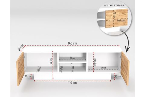 DORA ÇİFT KAPAKLI TELEVİZYON SEHPASI, BEYAZ ÇAM KAPAK 140