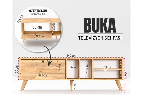 BUKA GENİŞ TEK KAPAKLI TV SEHPASI, ÇAM, 140 CM