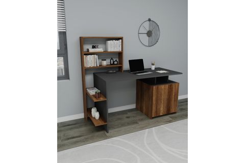 MELİS DOLAPLI RAFLI GENİŞ ÇALIŞMA BİLGİSAYAR MASASI, ANTRASİT CEVİZ