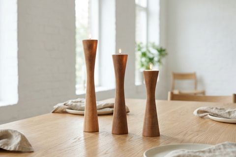DİVAN KAYIN AHŞAP ÜÇLÜ ŞAMDAN SETİ, KOYU CEVİZ,  15-20-25 CM