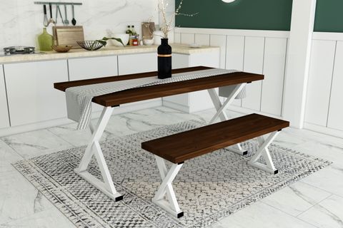 WOODESK ÇINAR MASİF BANKLI YEMEK MASASI TAKIMI, CEVİZ RENK, 140X70, CPT7618-140