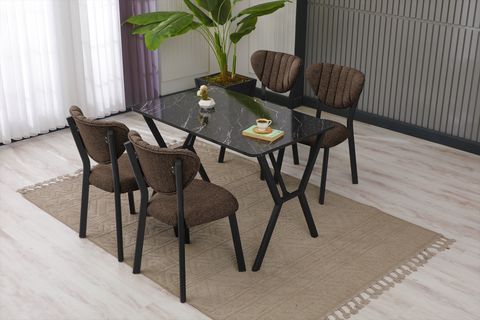 ELİS MUTFAK MASA TAKIMI, 4 SANDALYE, SİYAH, 110X70 CM, KAHVE