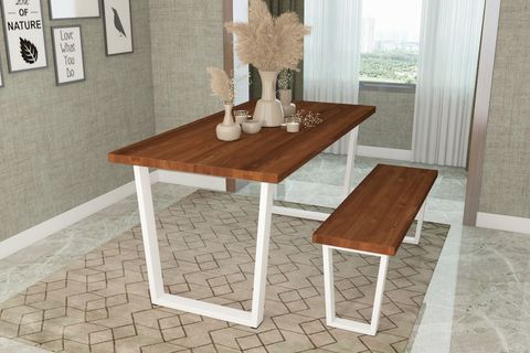 WOODESK MAYIS MASİF BANKLI YEMEK MASASI TAKIMI, TİK RENK, 140X70, CPT7514-140