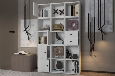 LEKSA 4 KAPAKLI ÇEKMECELİ RAFLI KİTAPLIK 97 CM BEYAZ KTP-1075-Ç