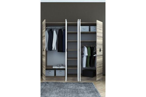 DİLAN COUNTRY GARDIROP, 5 KAPAKLI ASKILIKLI RAFLI BÖLMELİ, BEYAZ MEŞE