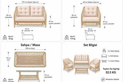 ATAKUM 4 KİŞİLİK MİNDERLİ RATTAN BAHÇE BALKON OTURMA GRUBU, ANTRASİT