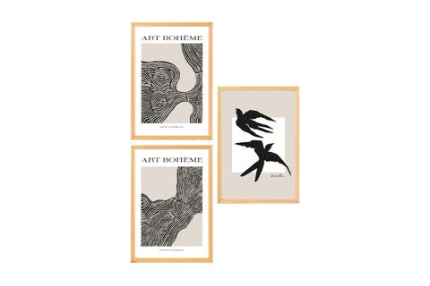 PREMİUM AHŞAP ÇERÇEVELİ ÜÇLÜ İSKANDİNAV BOHEM TABLO SETİ, SET4, 70X50