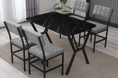 NOVA MUTFAK MASA TAKIMI, 4 SANDALYE, SİYAH, 110X70 CM, GRİ