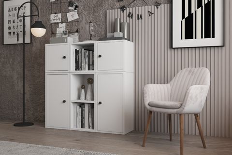 LEKSA 4 KAPAKLI ÇEKMECELİ RAFLI KİTAPLIK 65 CM BEYAZ KTP-1058-Ç