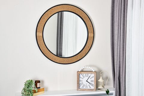 DFN WOOD JUT HALATLI YUVARLAK DUVAR AYNASI, SİYAH ÇERÇEVE, 97X97
