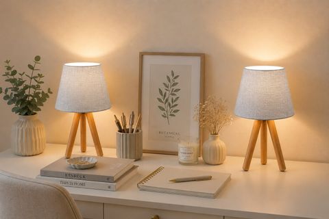 EVLİGHT İKİLİ SET KOMODİN ÜÇ AYAKLI AHŞAP ABAJUR GRİ