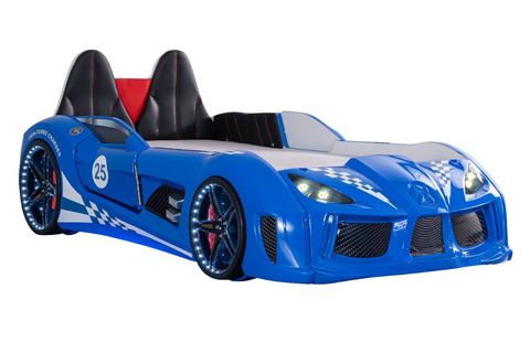 RACEİNG CAR V8 KAPILARI AÇILAN KOLTUKLU FULL LEDLİ ARABALI YATAK, MAVİ, 100X190