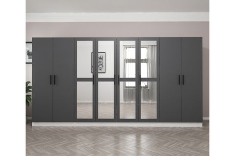 MİNAR KALE 8 KAPAKLI 4 AYNALI 2 ÇEKMECELİ DOLAP BEYAZ ANTRASİT 210CM