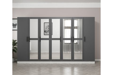 MİNAR KALE 7 KAPAKLI 5 AYNALI 4 ÇEKMECELİ DOLAP BEYAZ ANTRASİT 210CM