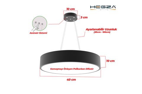 HEGZA LIGHTING DRUM 40CM LED AVİZE, SİYAH KASA SARI IŞIK