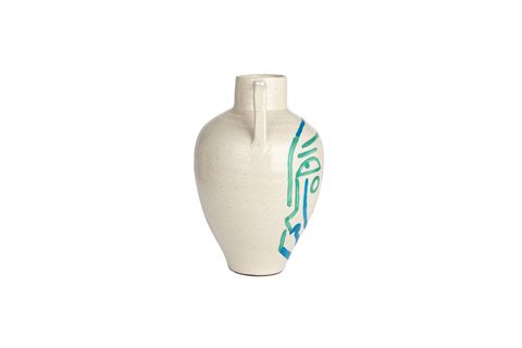 BEYAZ MAVİ TURKUAZ SOYUT YÜZ TERRACOTTA VAZO BOHO