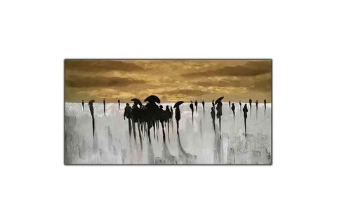 ALTIN GÖKYÜZÜ VE ŞEMSİYELİ İNSANLAR ORİJİNAL YAĞLI BOYA TABLO