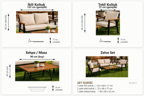 ZELVE MİNDERLİ BAHÇE BALKON TERAS OTURMA GRUBU, 4 KİŞİLİK, ANTRASİT