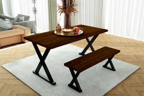 WOODESK ARDIÇ MASİF BANKLI YEMEK MASASI TAKIMI, CEVİZ RENK, 140×70, CPT7642-140