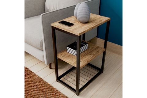 LİNA METAL AYAKLI AHŞAP RAFLI YAN SEHPA, ÇAM