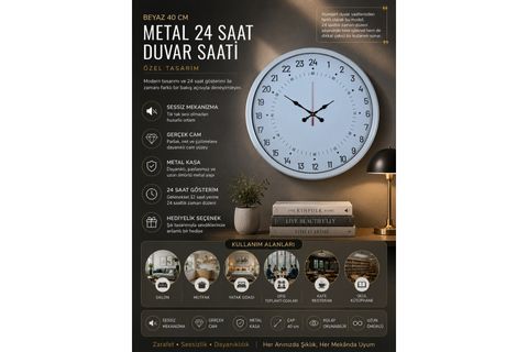 BEYAZ METAL 24 SAAT GÖSTERGELİ ÖZEL TASARIM DUVAR SAATİ 40 CM