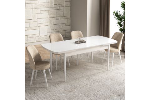 AY SERİSİ 1 MASA + 4 SANDALYE MUTFAK MASA TAKIMI 070, KREM BEYAZ, 132X80