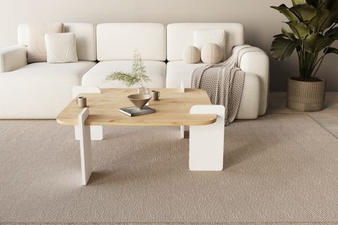 AFROLLİ DEKORATİF  NATURAL DESEN ORTA SEHPA, BEYAZ