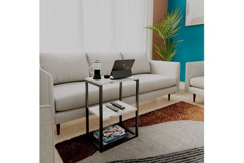 LİNA METAL AYAKLI AHŞAP RAFLI YAN SEHPA, BEJ