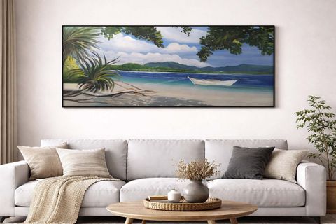 BULUTLU SAHİL MANZARALI SANDAL VE KUMSAL ORİJİNAL YAĞLI BOYA TABLO