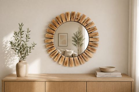 DFN WOOD NATUREL AHŞAP YUVARLAK DEKORATİF AYNA, 50X50 CM